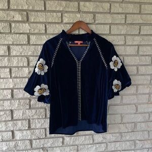 THML Velvet Indigo Floral Embroidered V-Neck Puff Sleeved Blouse Size Large